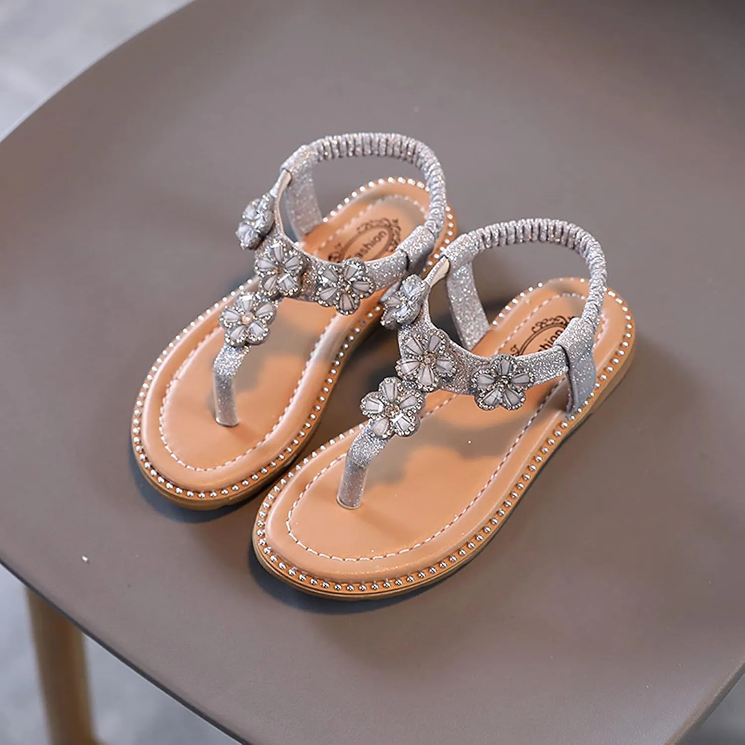 Girls Sandals Open-Toe Princess Dress Flat Sandals Summer Shoes Kids Girls Floral Crystal Bling Sandals for 1-7Years
