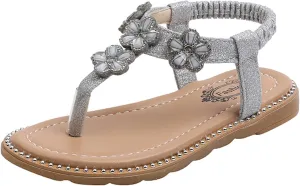 Girls Sandals Open-Toe Princess Dress Flat Sandals Summer Shoes Kids Girls Floral Crystal Bling Sandals for 1-7Years