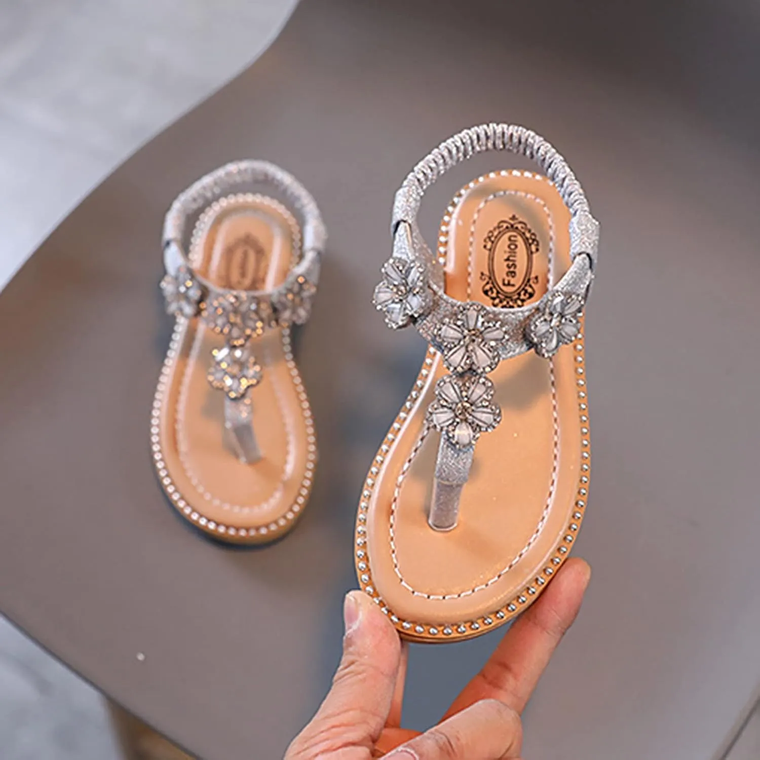 Girls Sandals Open-Toe Princess Dress Flat Sandals Summer Shoes Kids Girls Floral Crystal Bling Sandals for 1-7Years