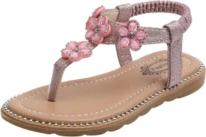 Girls Sandals Open-Toe Princess Dress Flat Sandals Summer Shoes Kids Girls Floral Crystal Bling Sandals for 1-7Years