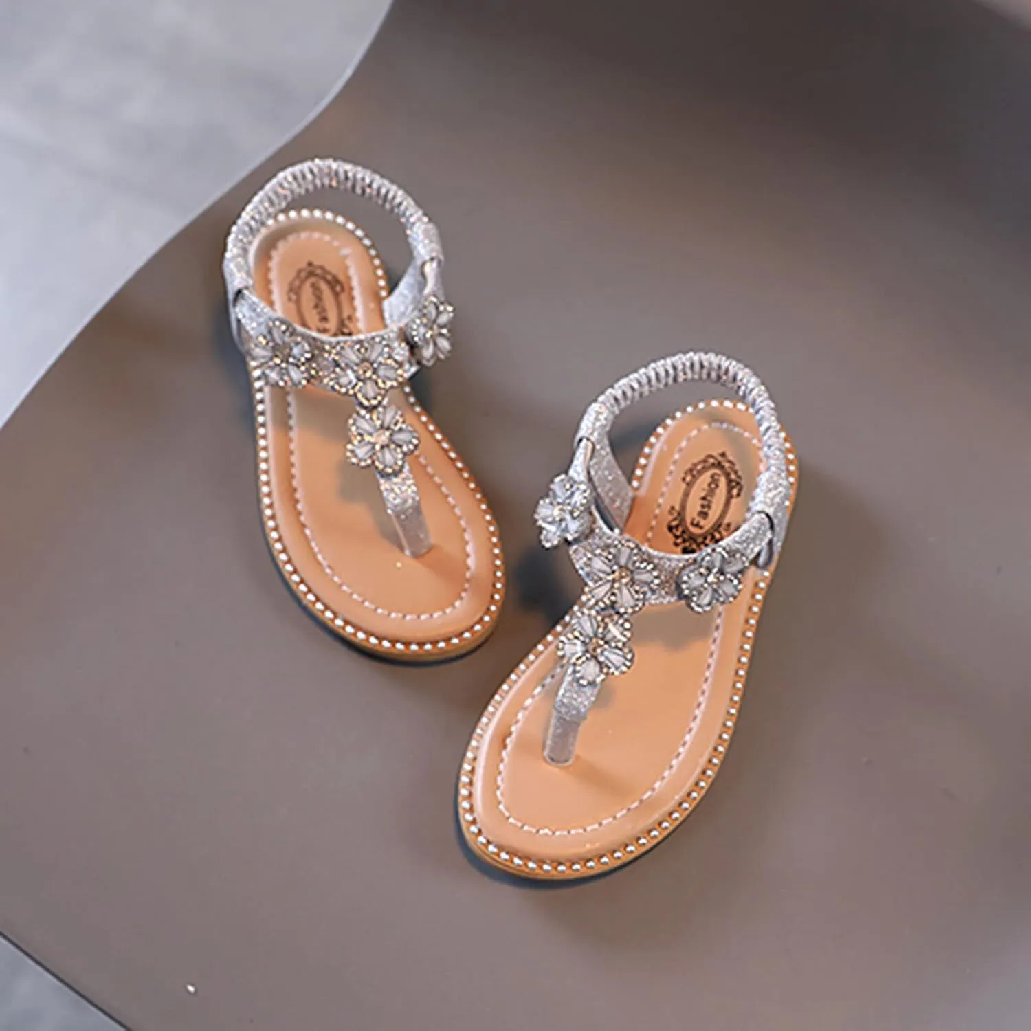 Girls Sandals Open-Toe Princess Dress Flat Sandals Summer Shoes Kids Girls Floral Crystal Bling Sandals for 1-7Years