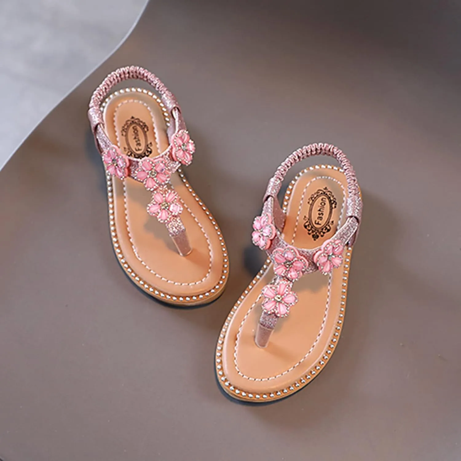 Girls Sandals Open-Toe Princess Dress Flat Sandals Summer Shoes Kids Girls Floral Crystal Bling Sandals for 1-7Years