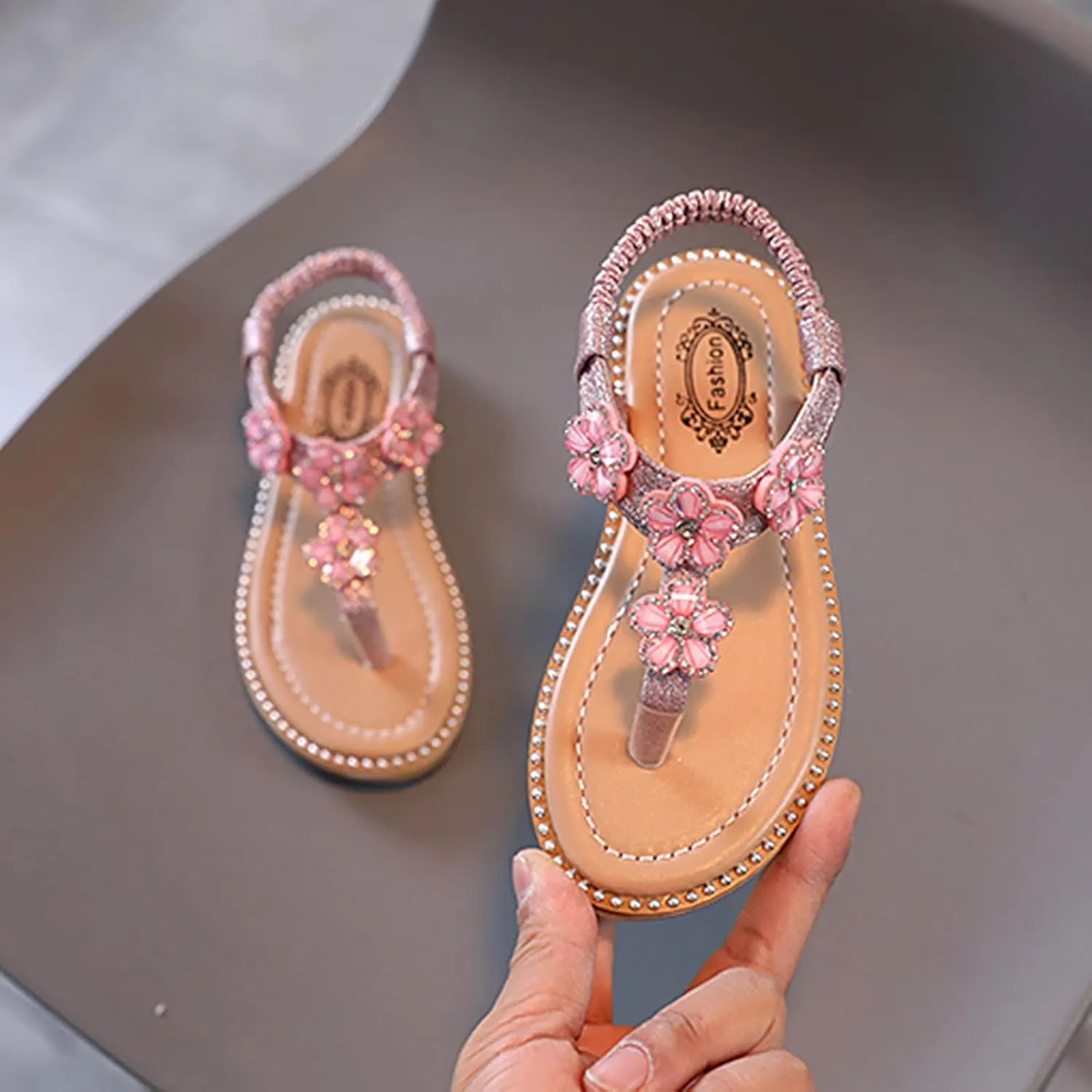 Girls Sandals Open-Toe Princess Dress Flat Sandals Summer Shoes Kids Girls Floral Crystal Bling Sandals for 1-7Years