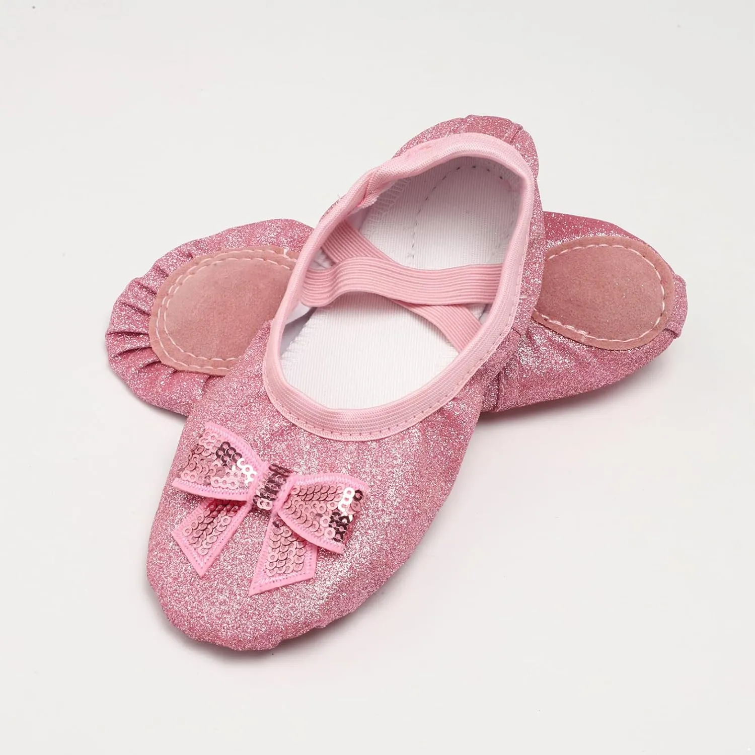 Girls Sparkly Ballet Dance Shoes Bowknot Split Sole Dance Practice Flats Shoes Roll Up Slippers
