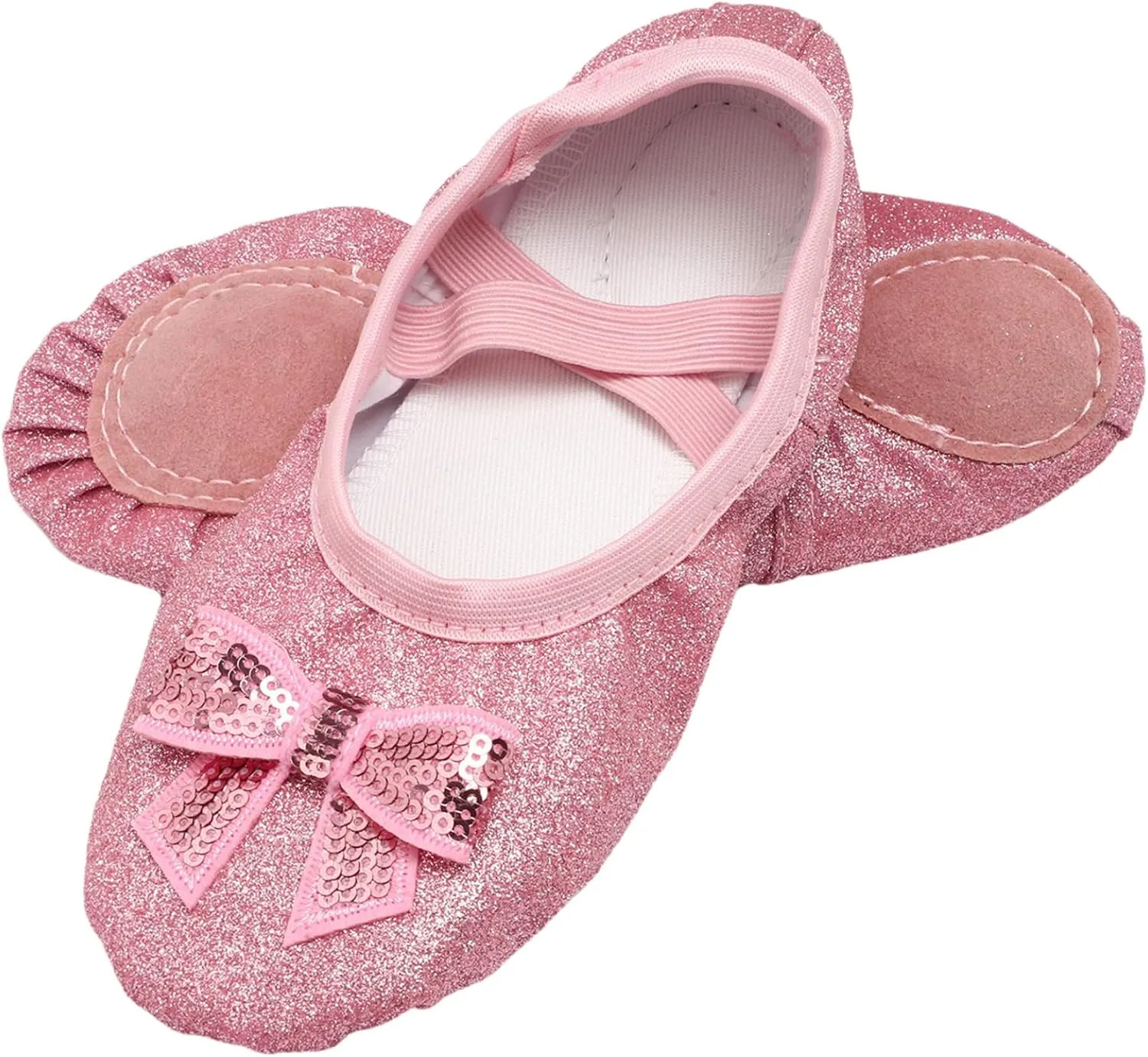 Girls Sparkly Ballet Dance Shoes Bowknot Split Sole Dance Practice Flats Shoes Roll Up Slippers