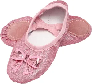Girls Sparkly Ballet Dance Shoes Bowknot Split Sole Dance Practice Flats Shoes Roll Up Slippers