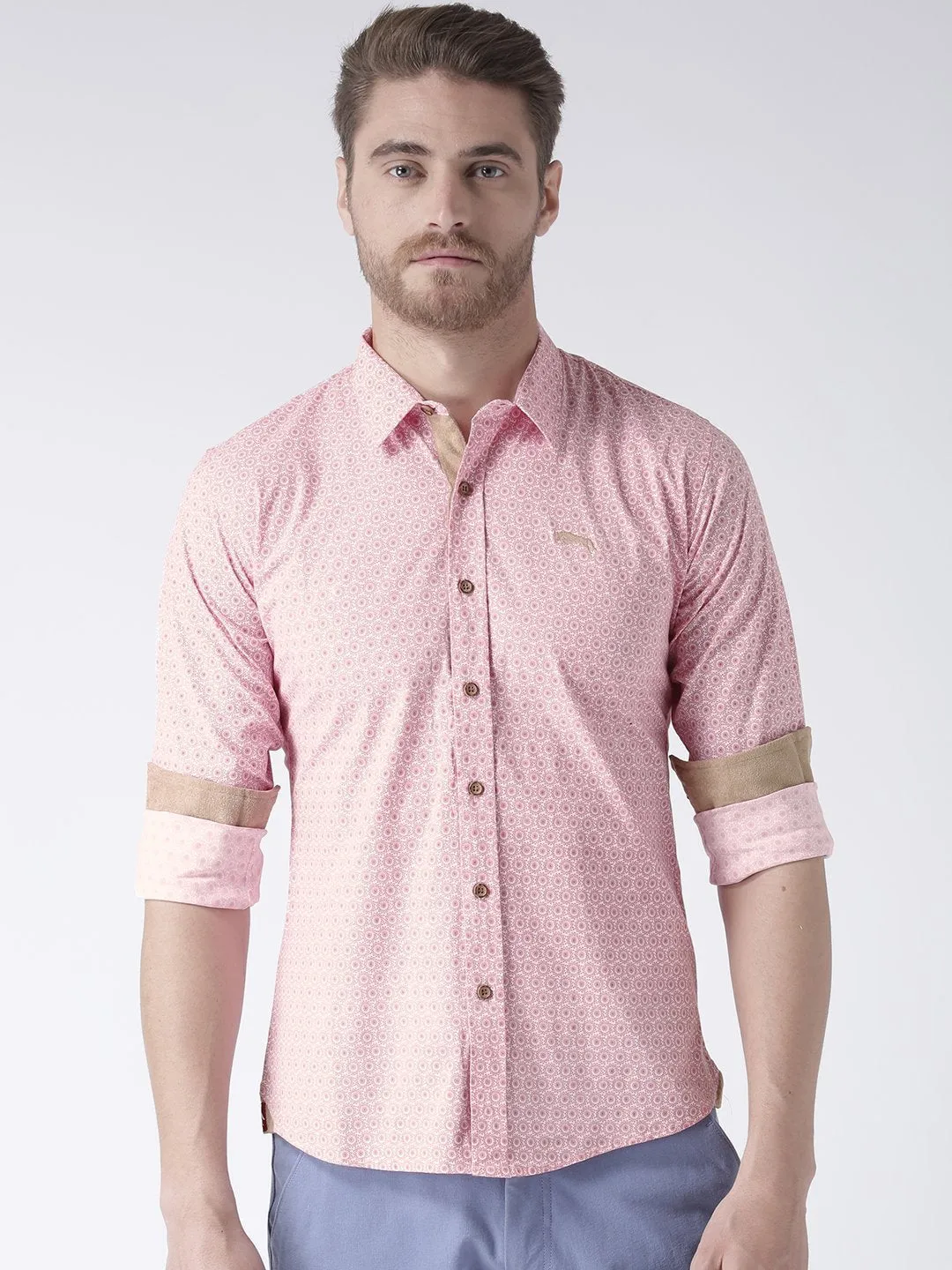Men Pink Printed Cotton Regular Fit Shirt