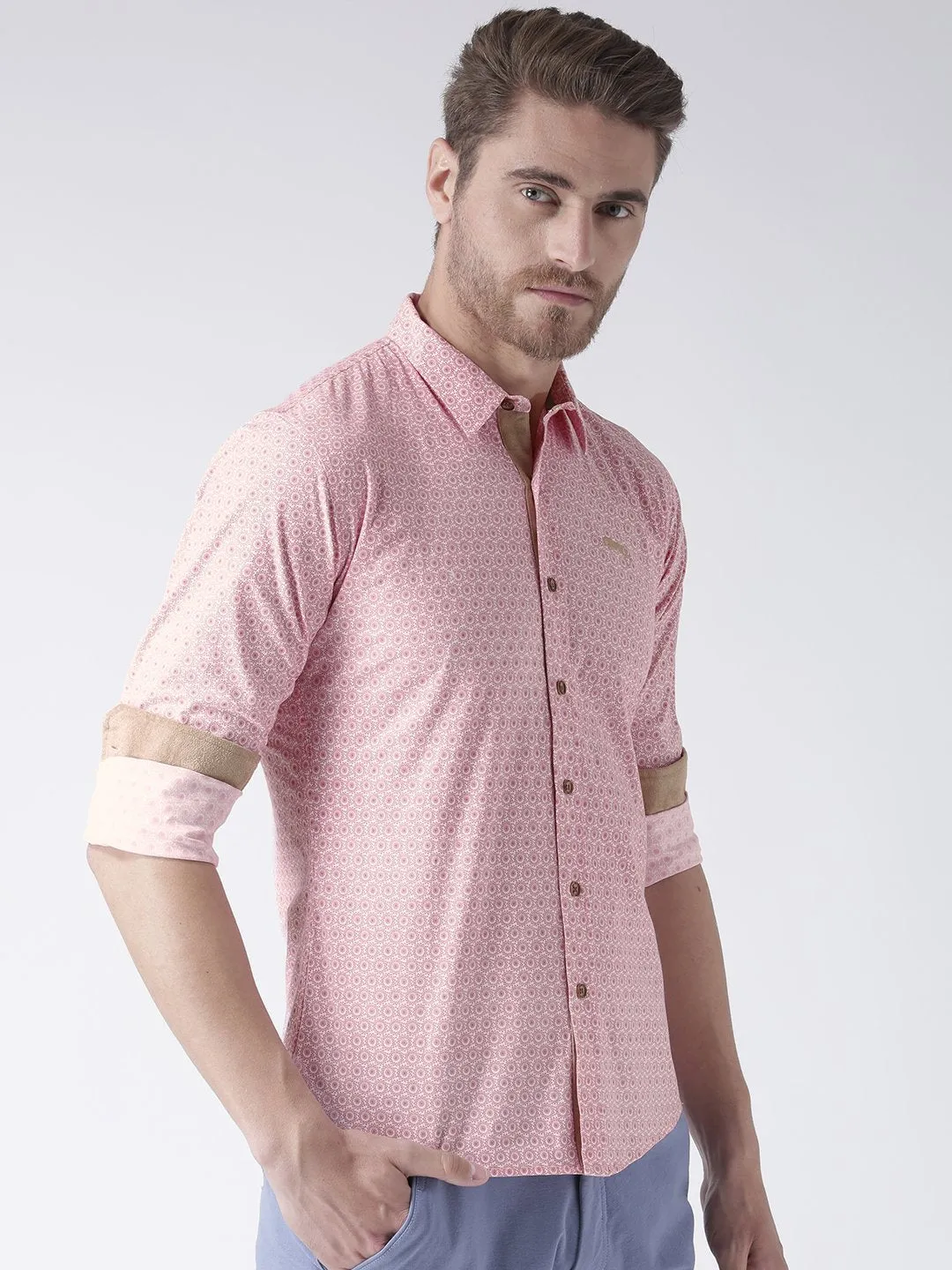 Men Pink Printed Cotton Regular Fit Shirt