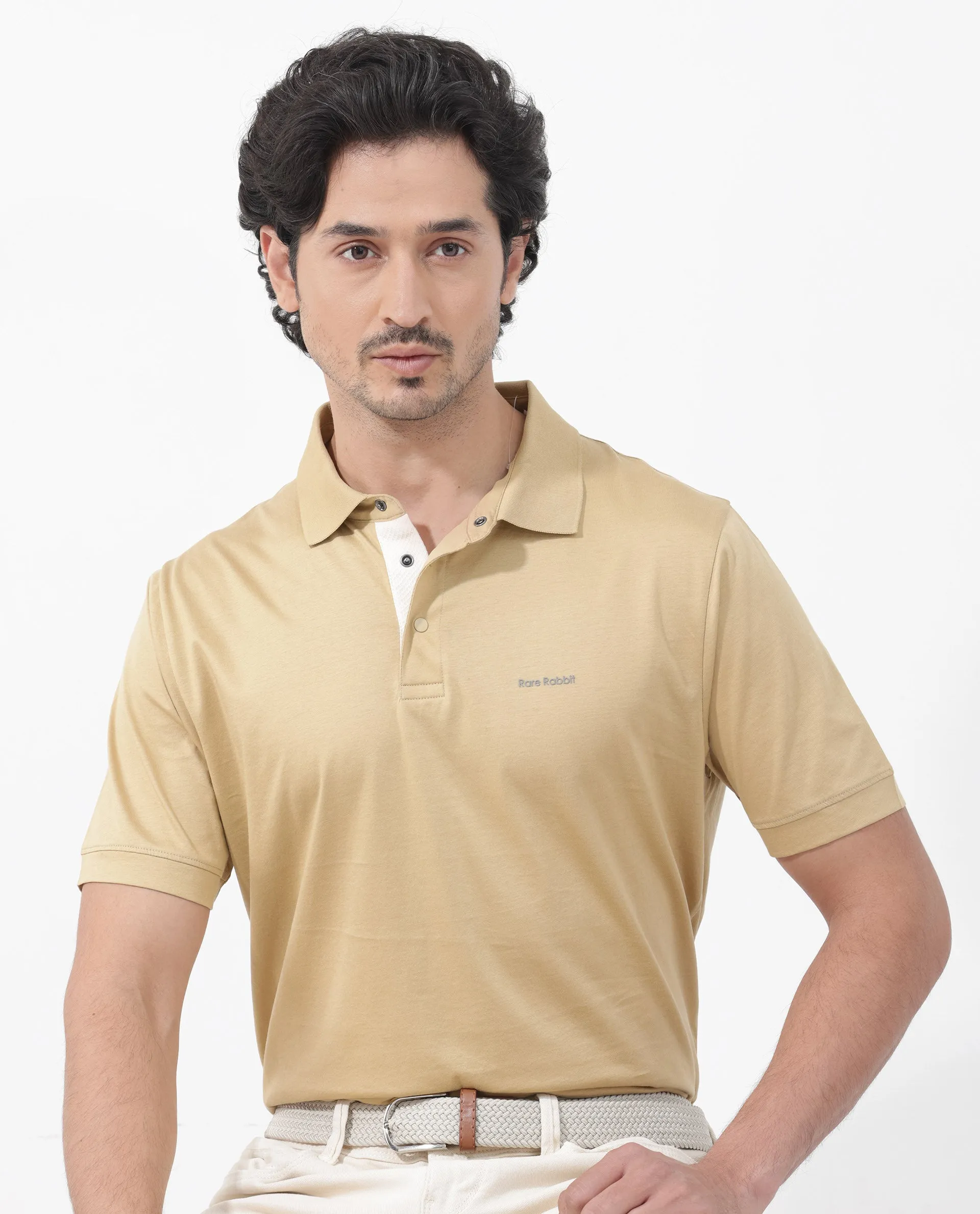 Rare Rabbit Mens Keneth Pastel Brown Short Sleeve Contrast Inner Placket Solid Polo-Tshirt