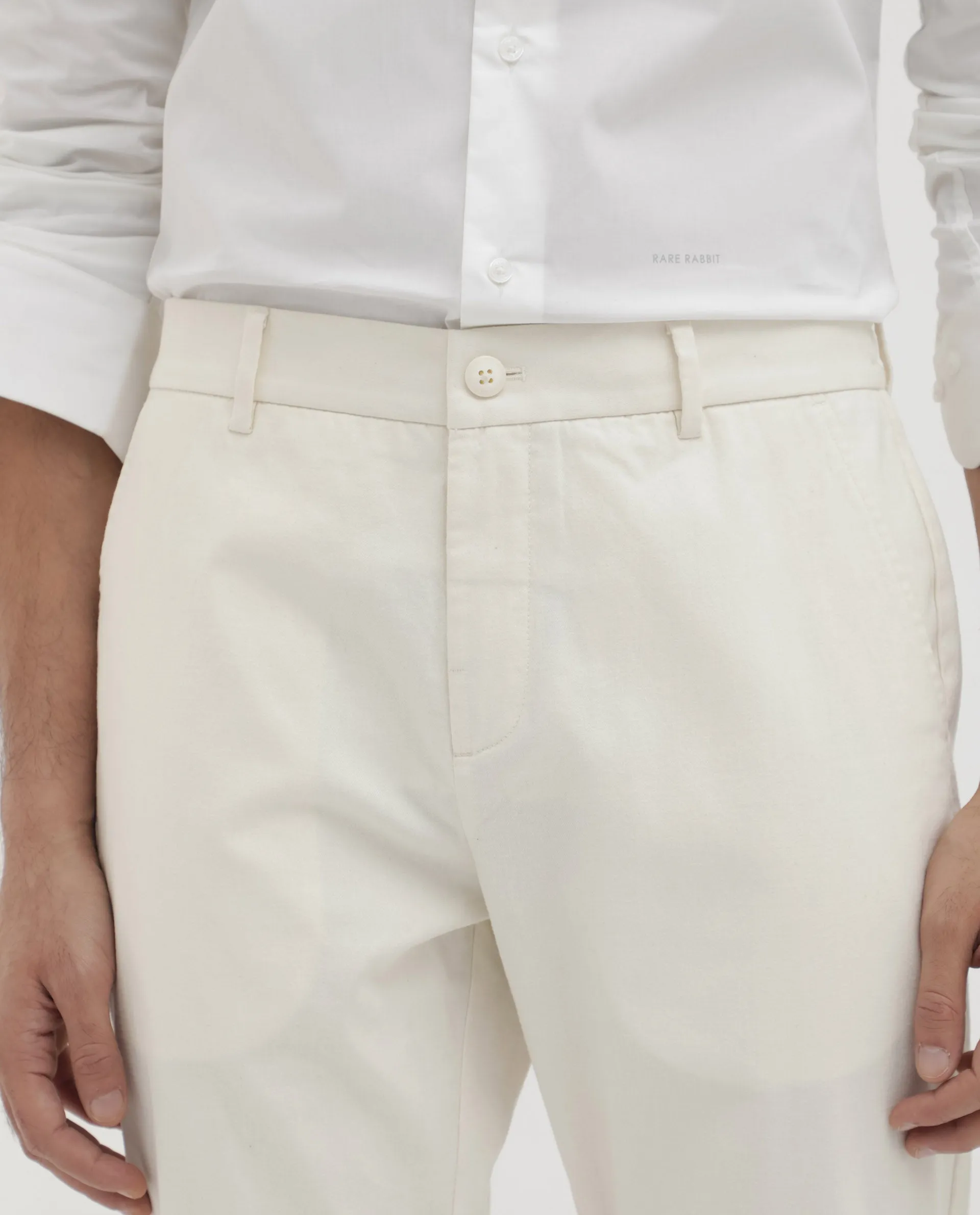 Rare Rabbit Mens Zade White Cotton Fabric Hem With Zipper Regular Fit Solid Trouser