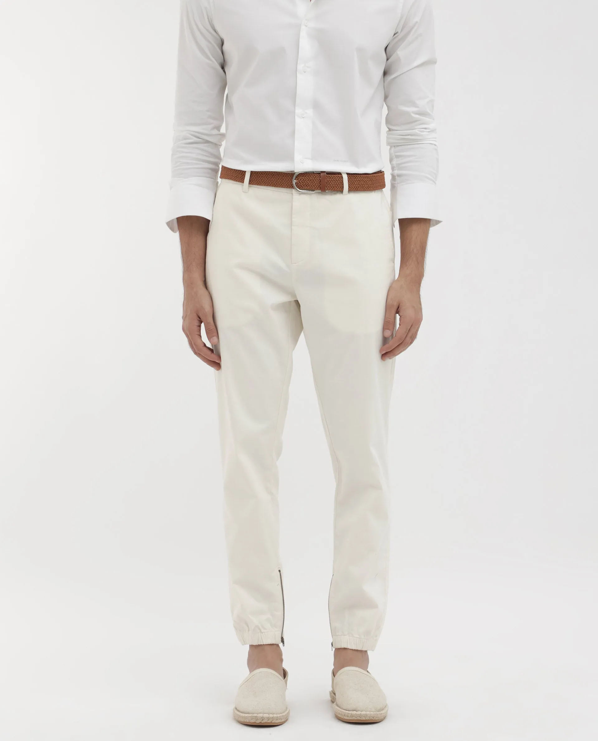 Rare Rabbit Mens Zade White Cotton Fabric Hem With Zipper Regular Fit Solid Trouser