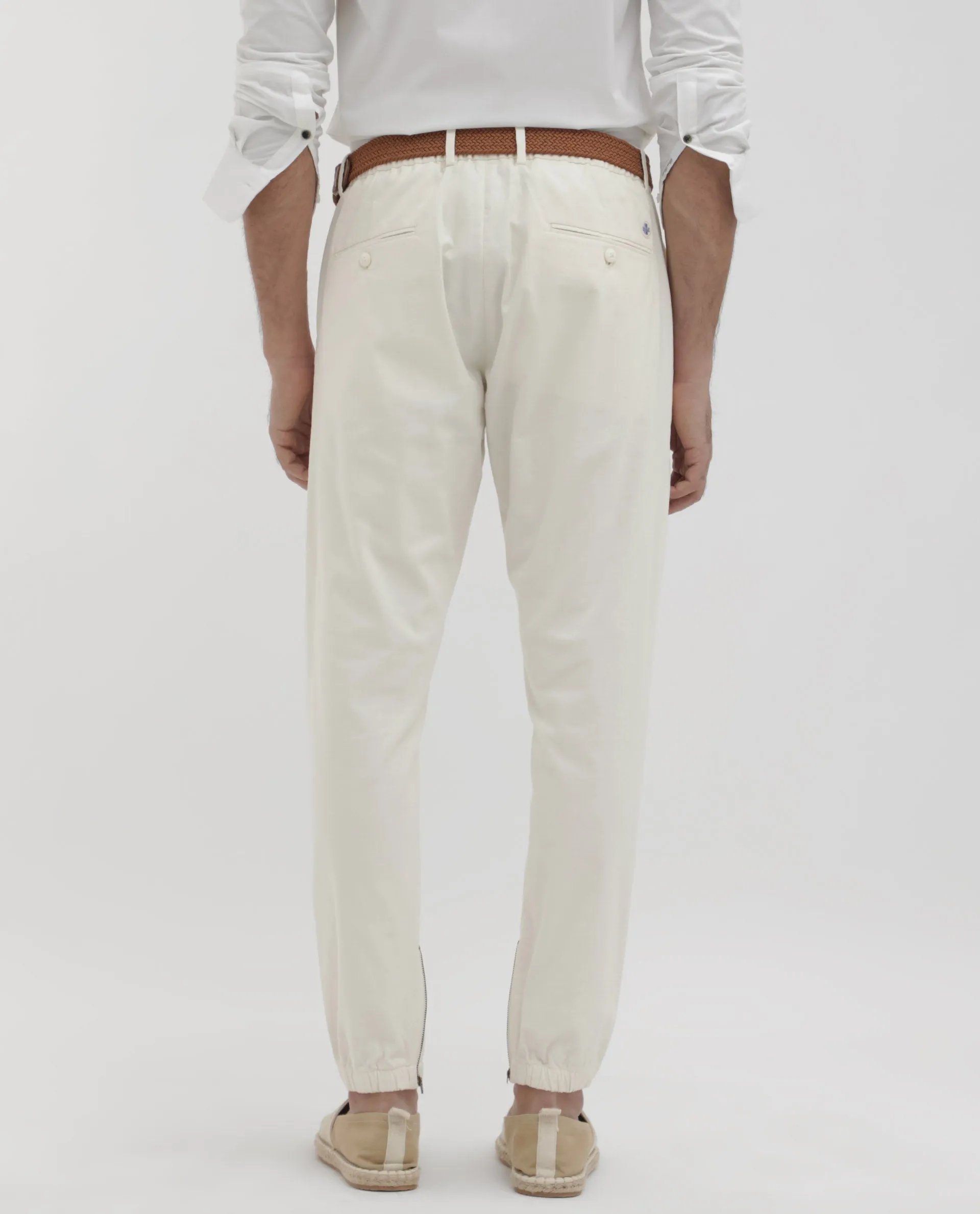 Rare Rabbit Mens Zade White Cotton Fabric Hem With Zipper Regular Fit Solid Trouser