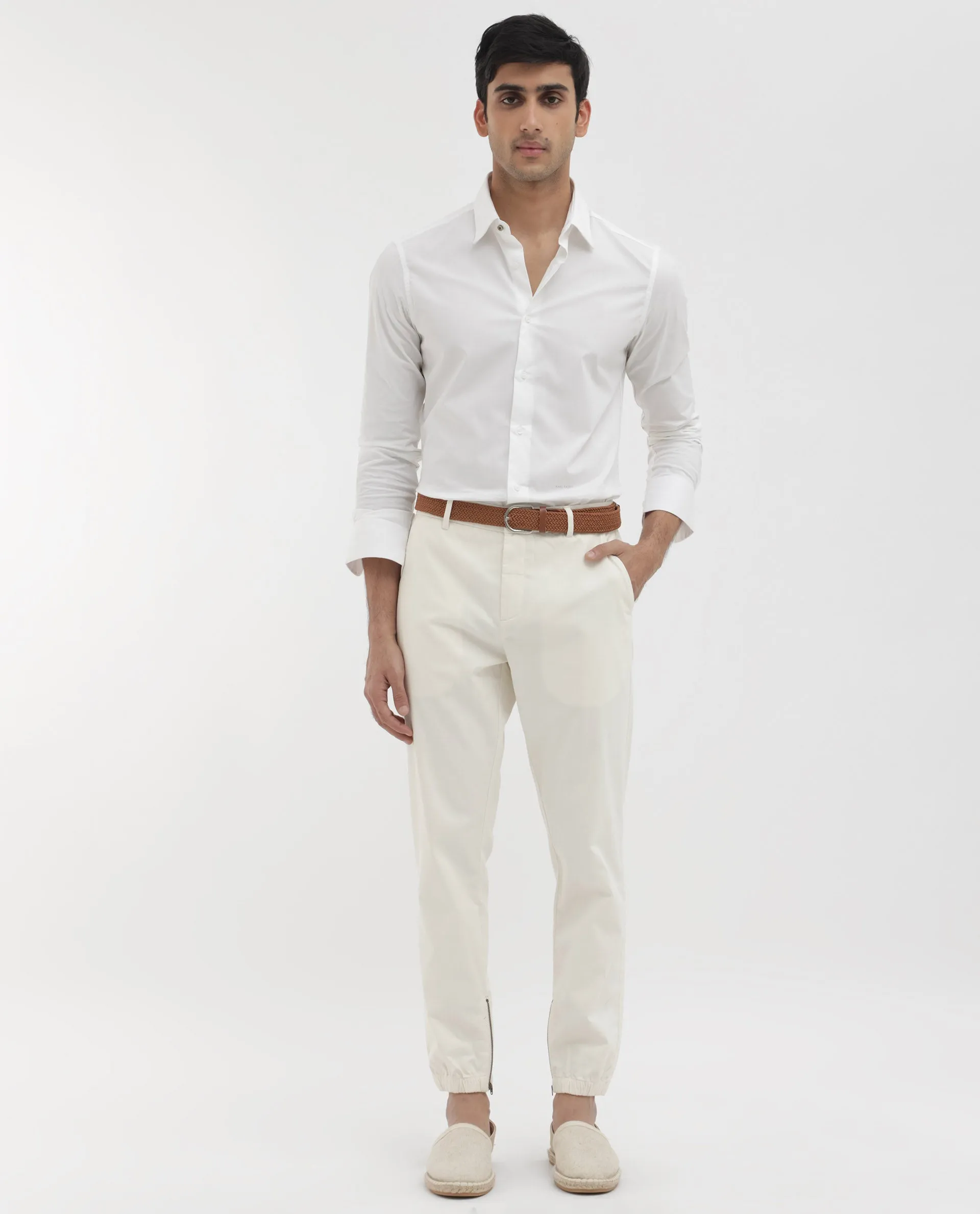 Rare Rabbit Mens Zade White Cotton Fabric Hem With Zipper Regular Fit Solid Trouser