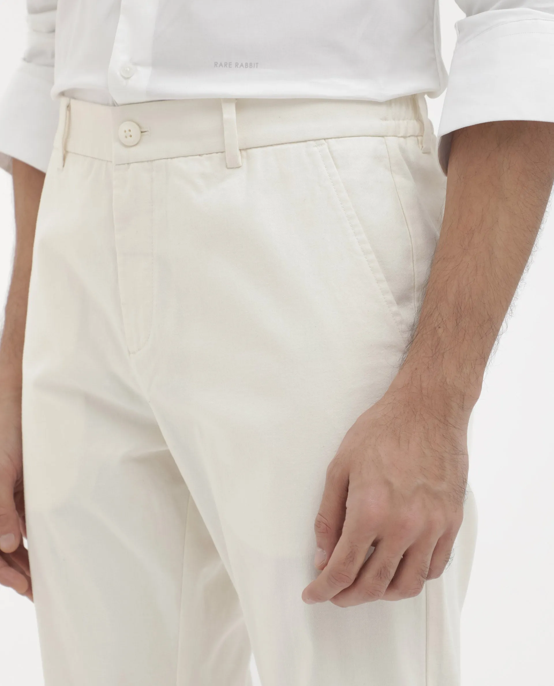 Rare Rabbit Mens Zade White Cotton Fabric Hem With Zipper Regular Fit Solid Trouser