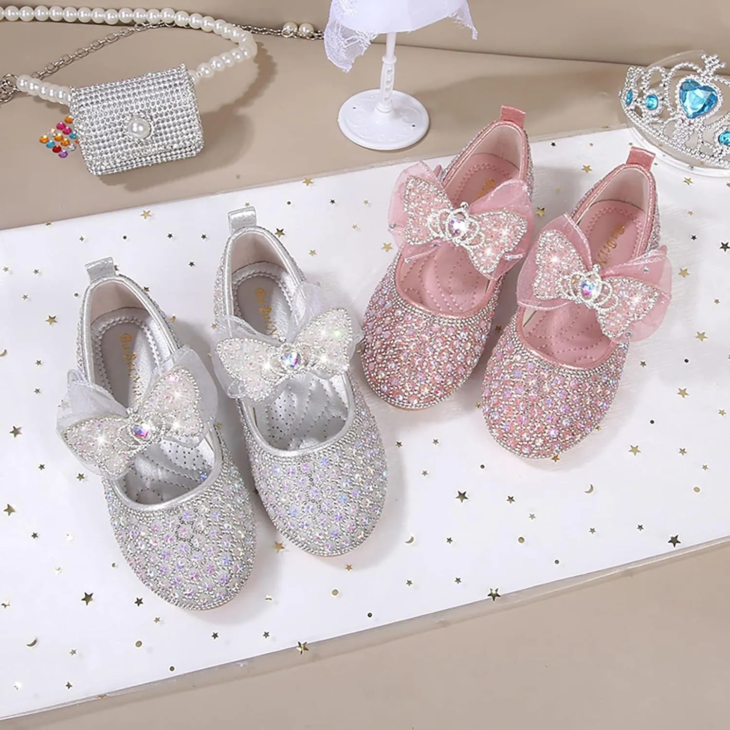 Toddler Girls Dress Shoes Glitter Mary Jane Flats Low Heels Shoes for Wedding Party Performance
