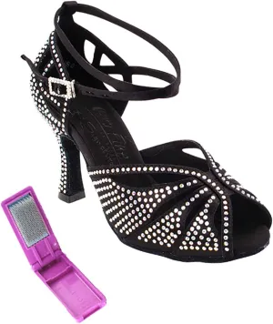 Very Fine Dance Shoes - Ladies Latin, Rhythm, Salsa, Waltz Ballroom Dance Shoes - S1003CC - 3-inch Heel and Foldable Brush Bundle - Black Satin - 7.5