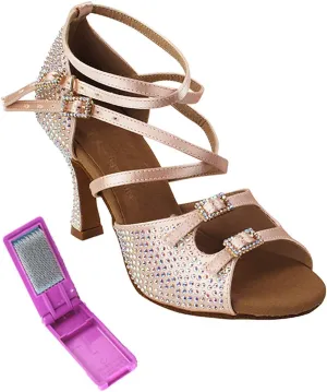 Very Fine Dance Shoes - Ladies Latin, Rhythm, Salsa, Waltz Ballroom Dance Shoes - S1004CC - 3-inch Heel and Foldable Brush Bundle - Flesh Satin - 6